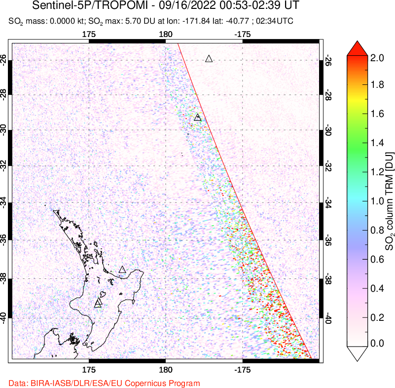 A sulfur dioxide image over New Zealand on Sep 16, 2022.