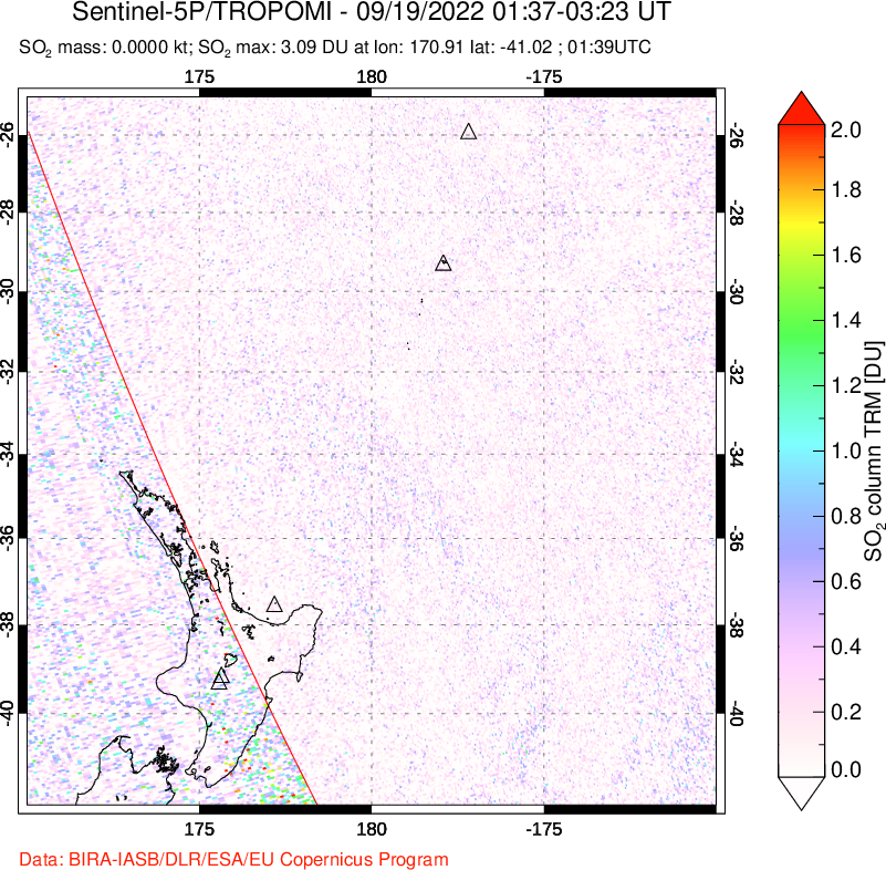 A sulfur dioxide image over New Zealand on Sep 19, 2022.