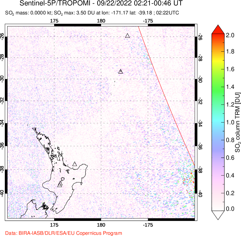 A sulfur dioxide image over New Zealand on Sep 22, 2022.