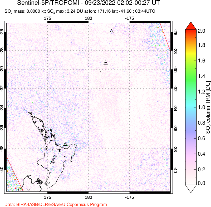 A sulfur dioxide image over New Zealand on Sep 23, 2022.