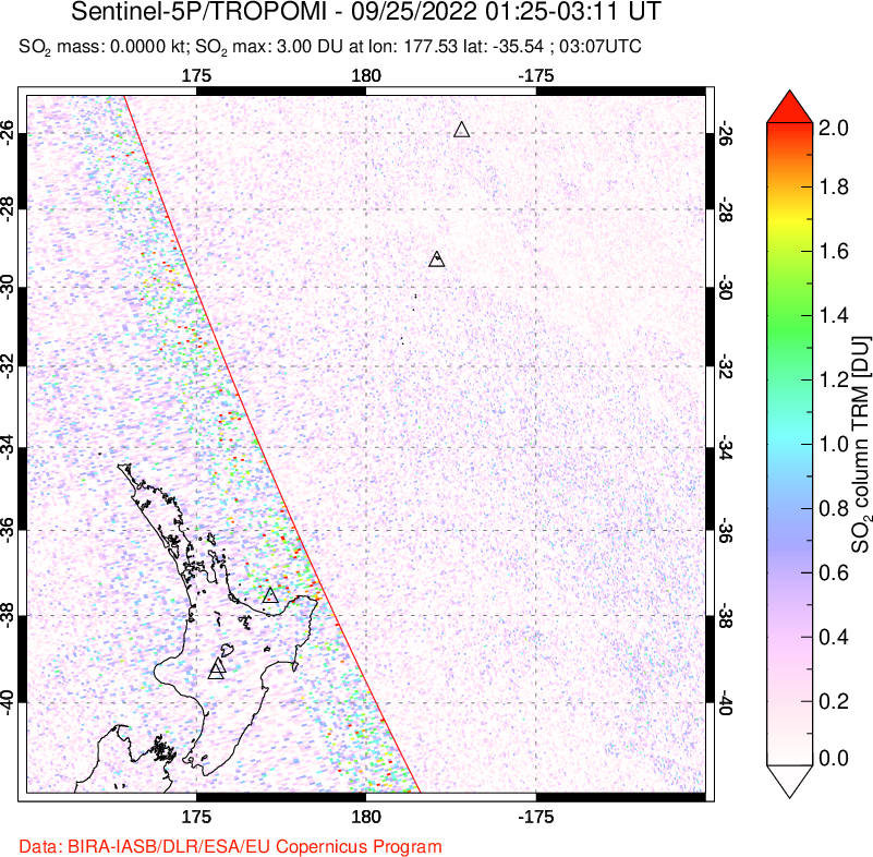A sulfur dioxide image over New Zealand on Sep 25, 2022.