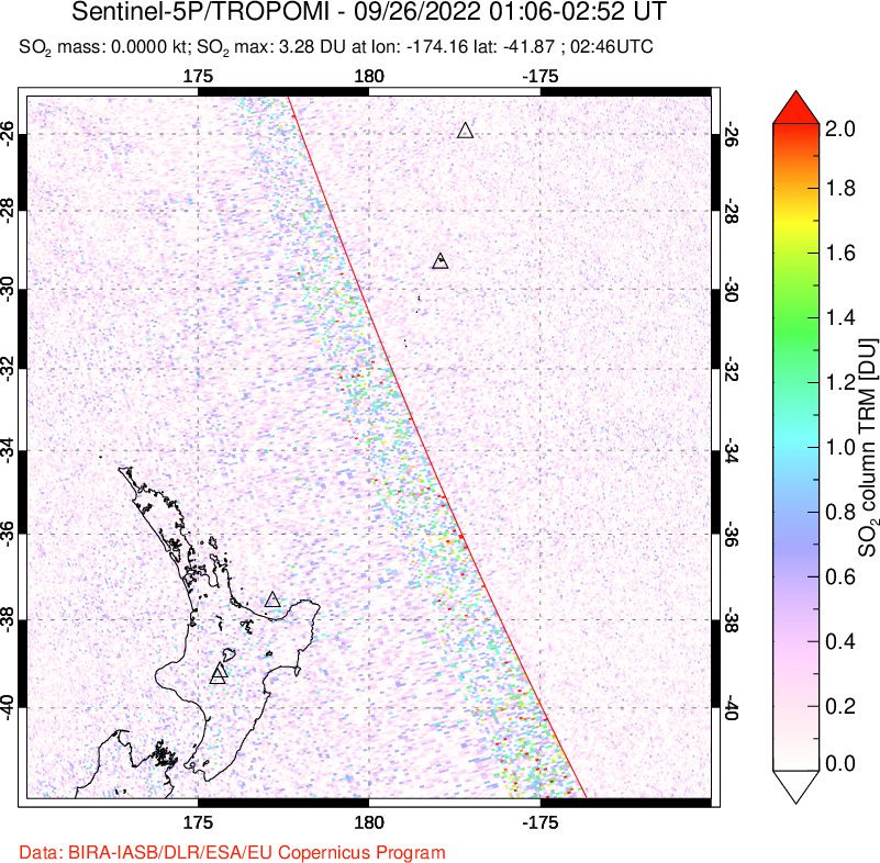 A sulfur dioxide image over New Zealand on Sep 26, 2022.