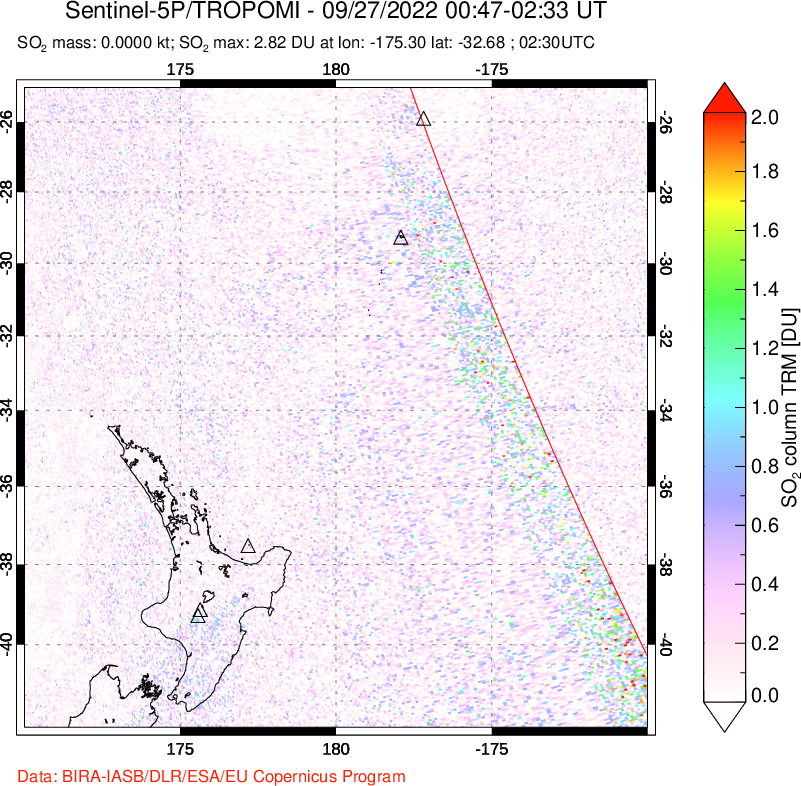 A sulfur dioxide image over New Zealand on Sep 27, 2022.