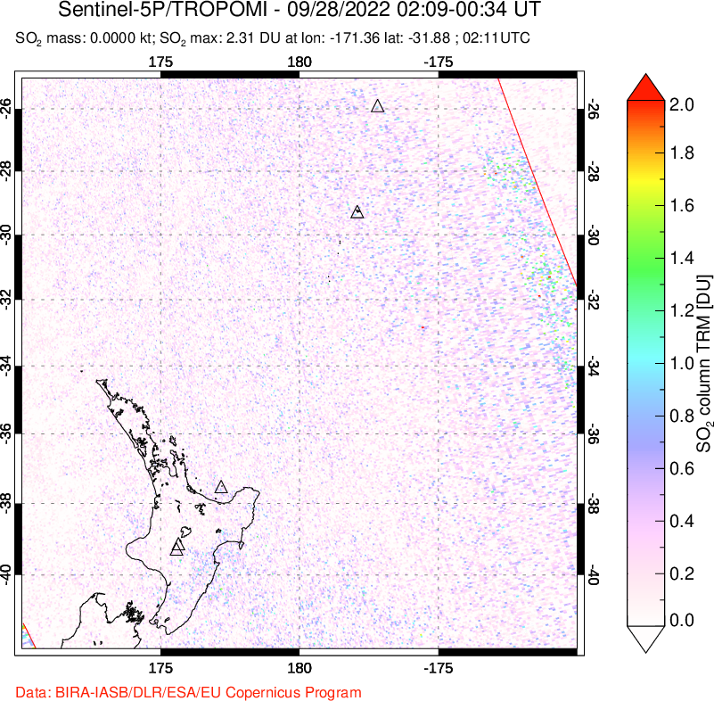 A sulfur dioxide image over New Zealand on Sep 28, 2022.