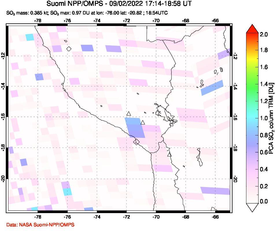 A sulfur dioxide image over Peru on Sep 02, 2022.