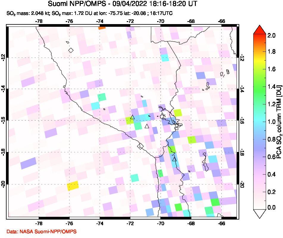 A sulfur dioxide image over Peru on Sep 04, 2022.