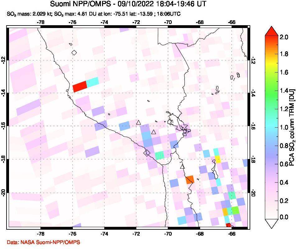 A sulfur dioxide image over Peru on Sep 10, 2022.