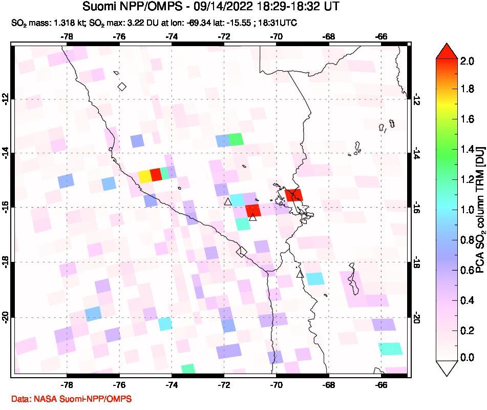 A sulfur dioxide image over Peru on Sep 14, 2022.