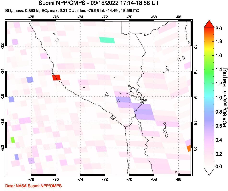 A sulfur dioxide image over Peru on Sep 18, 2022.