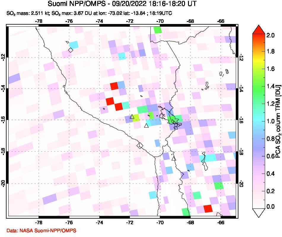 A sulfur dioxide image over Peru on Sep 20, 2022.