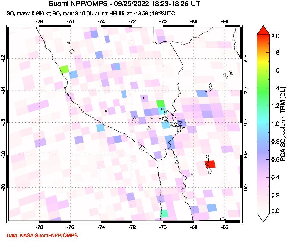 A sulfur dioxide image over Peru on Sep 25, 2022.