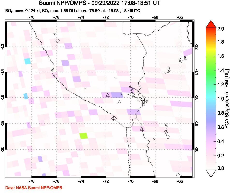 A sulfur dioxide image over Peru on Sep 29, 2022.