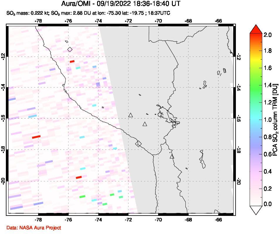 A sulfur dioxide image over Peru on Sep 19, 2022.