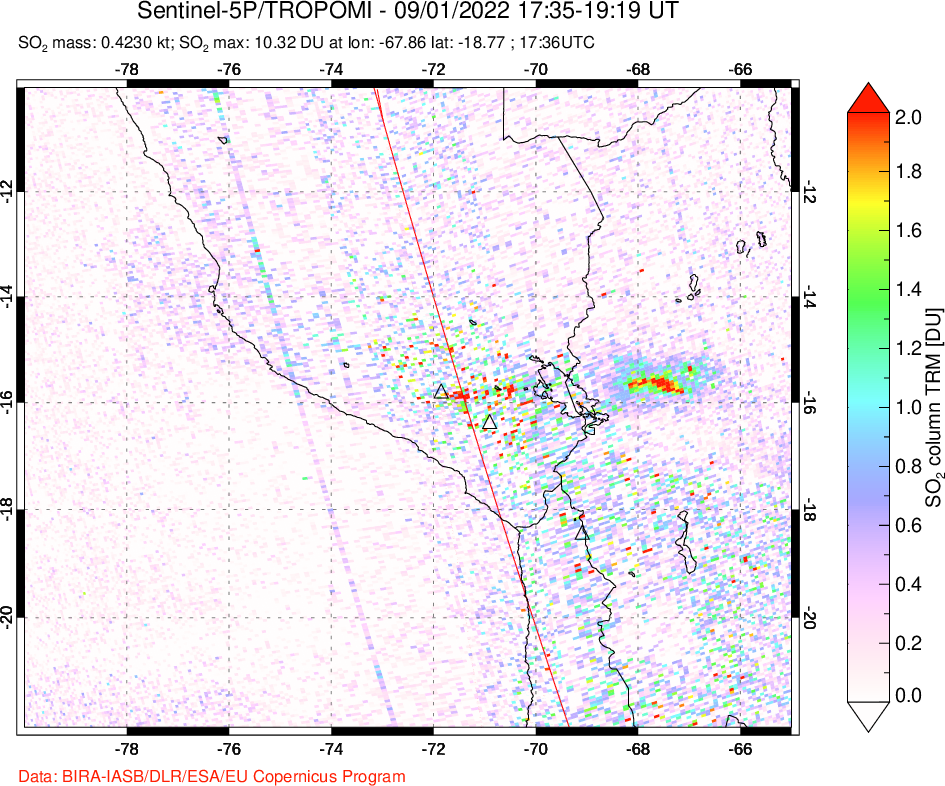 A sulfur dioxide image over Peru on Sep 01, 2022.