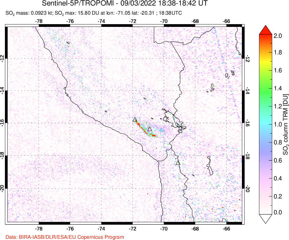 A sulfur dioxide image over Peru on Sep 03, 2022.