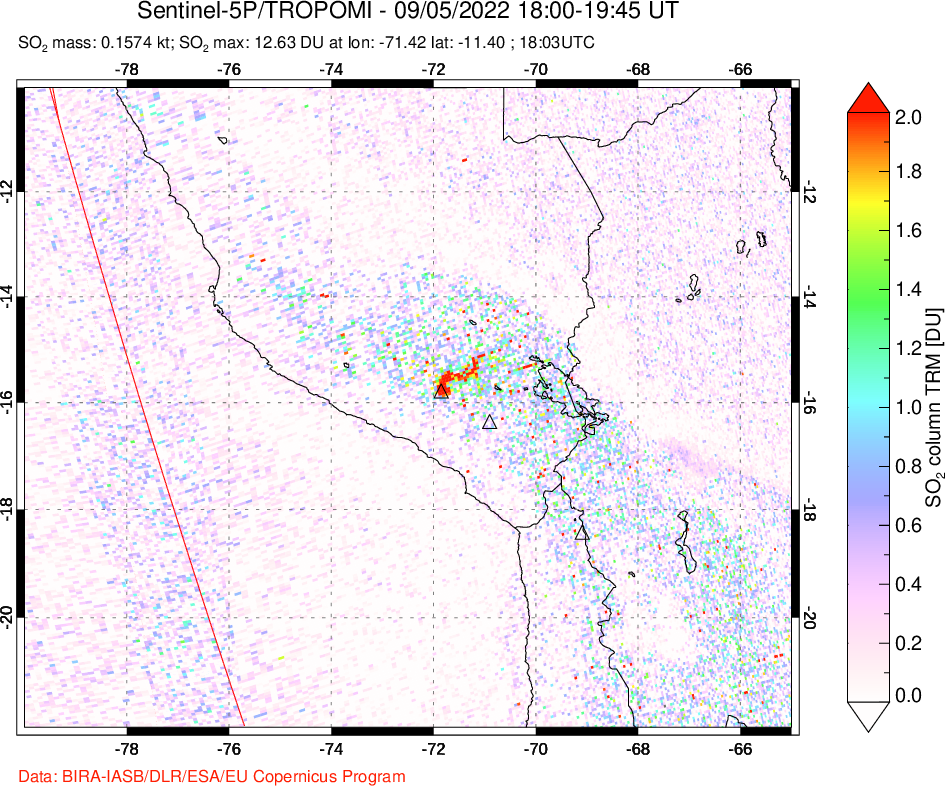 A sulfur dioxide image over Peru on Sep 05, 2022.