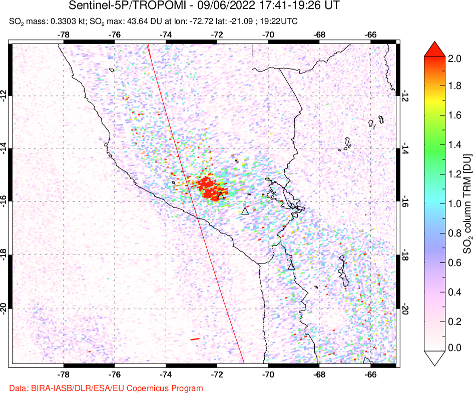 A sulfur dioxide image over Peru on Sep 06, 2022.