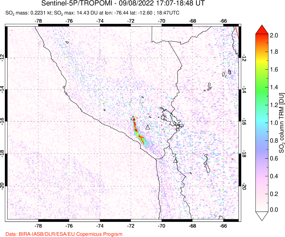 A sulfur dioxide image over Peru on Sep 08, 2022.