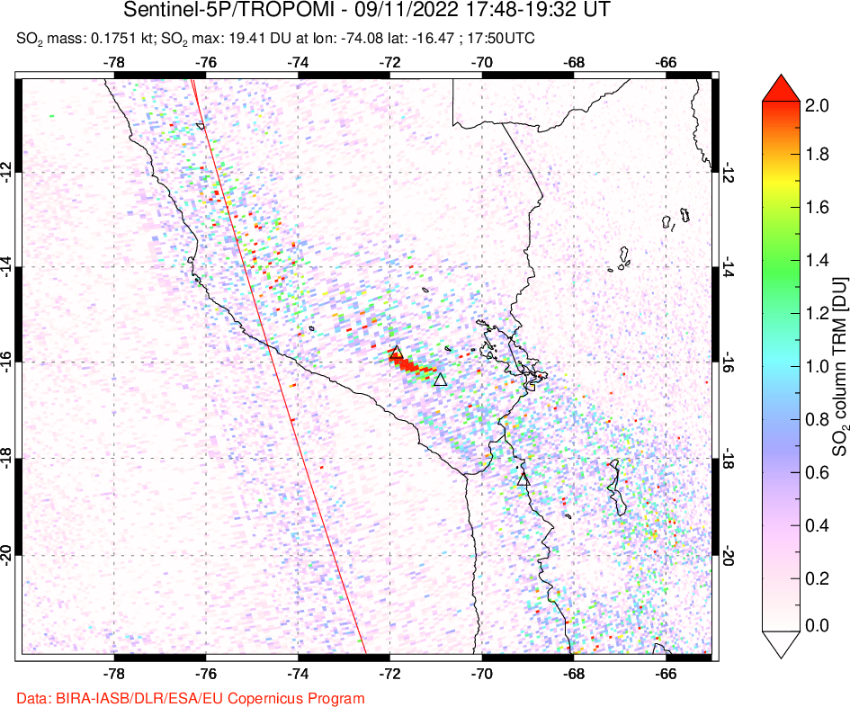 A sulfur dioxide image over Peru on Sep 11, 2022.