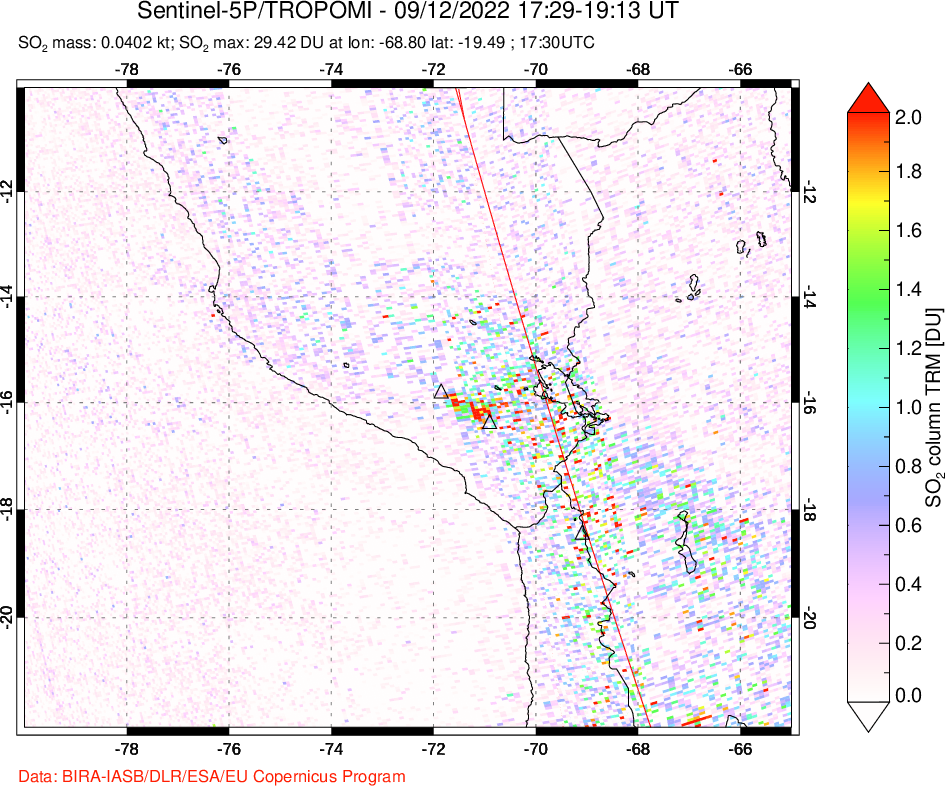 A sulfur dioxide image over Peru on Sep 12, 2022.