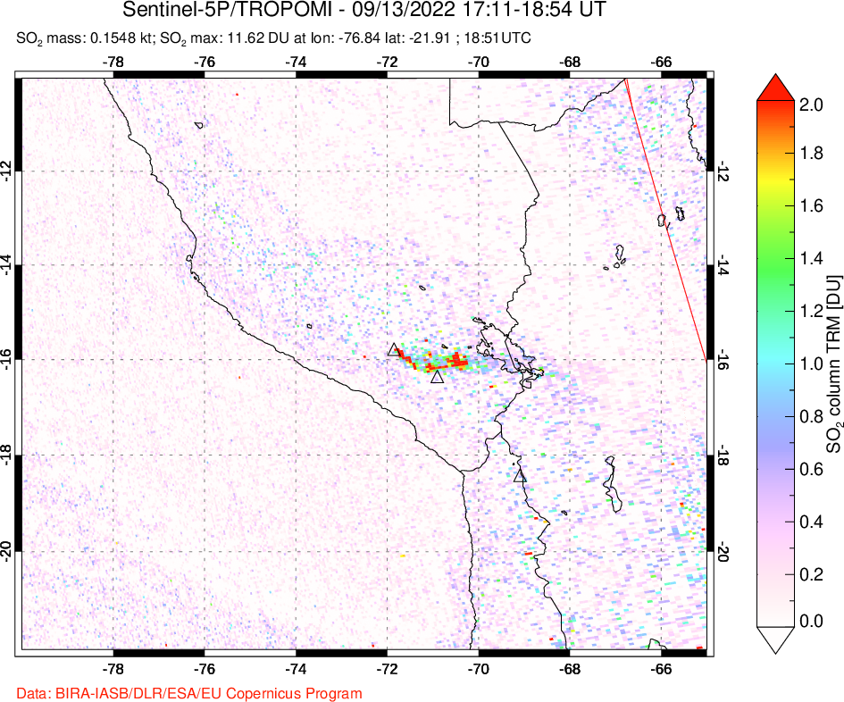 A sulfur dioxide image over Peru on Sep 13, 2022.