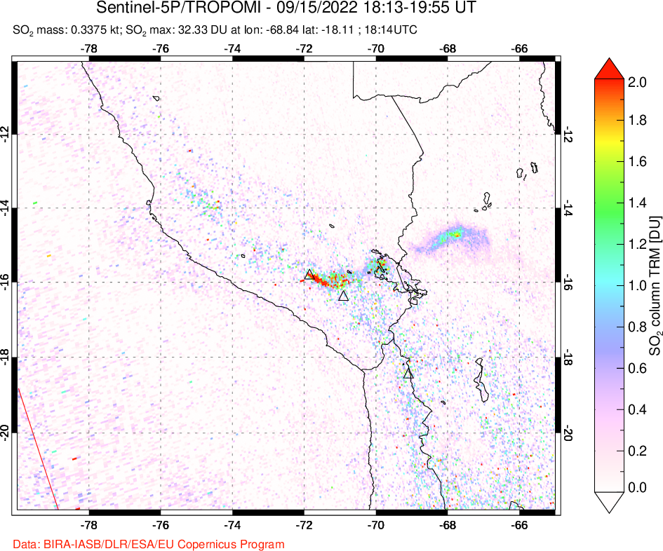 A sulfur dioxide image over Peru on Sep 15, 2022.