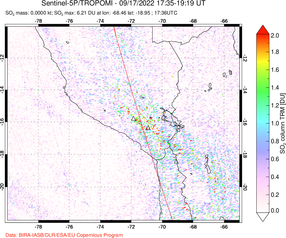 A sulfur dioxide image over Peru on Sep 17, 2022.