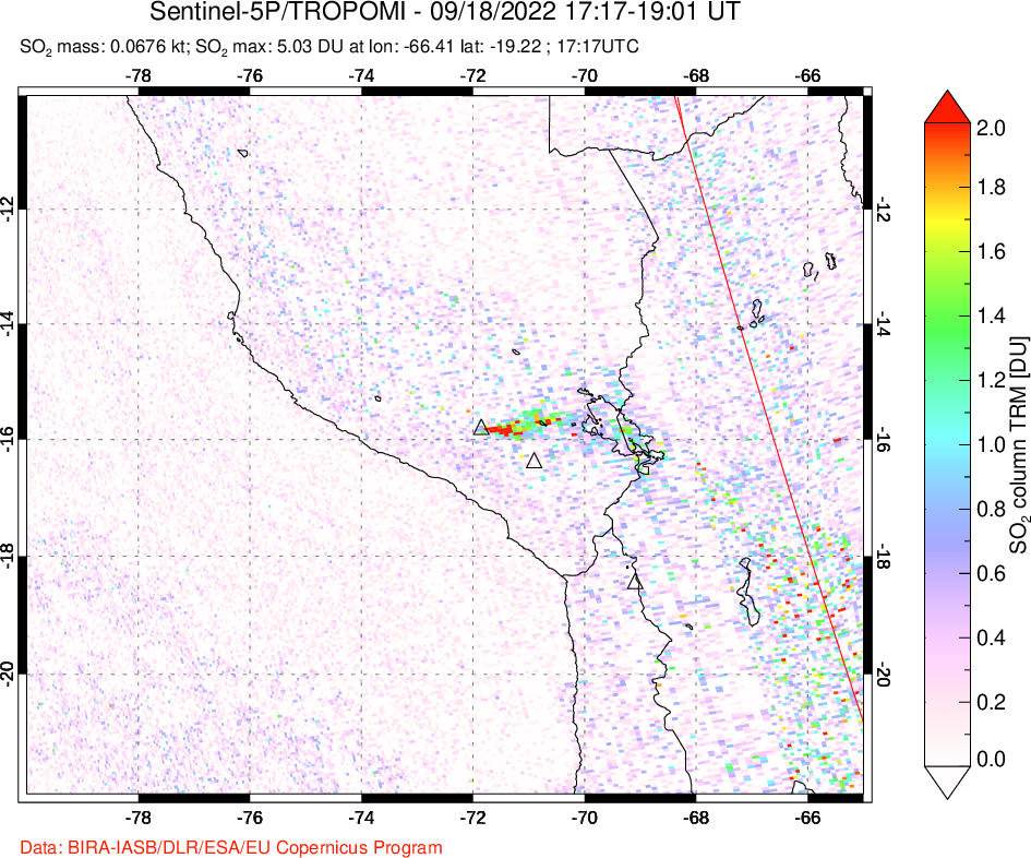 A sulfur dioxide image over Peru on Sep 18, 2022.