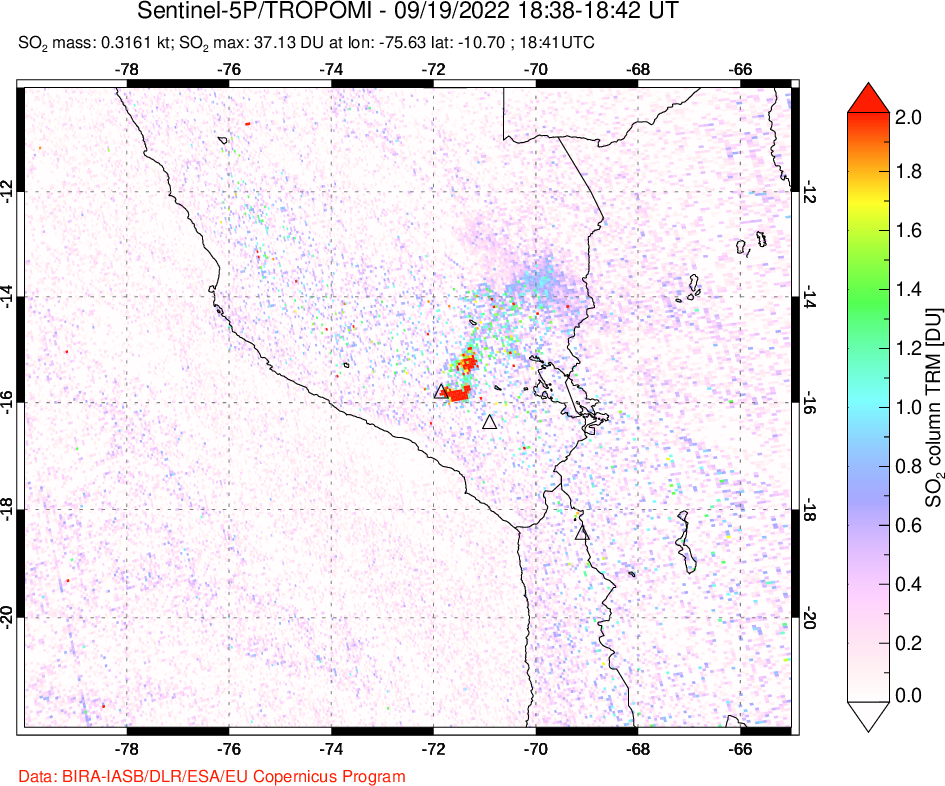 A sulfur dioxide image over Peru on Sep 19, 2022.
