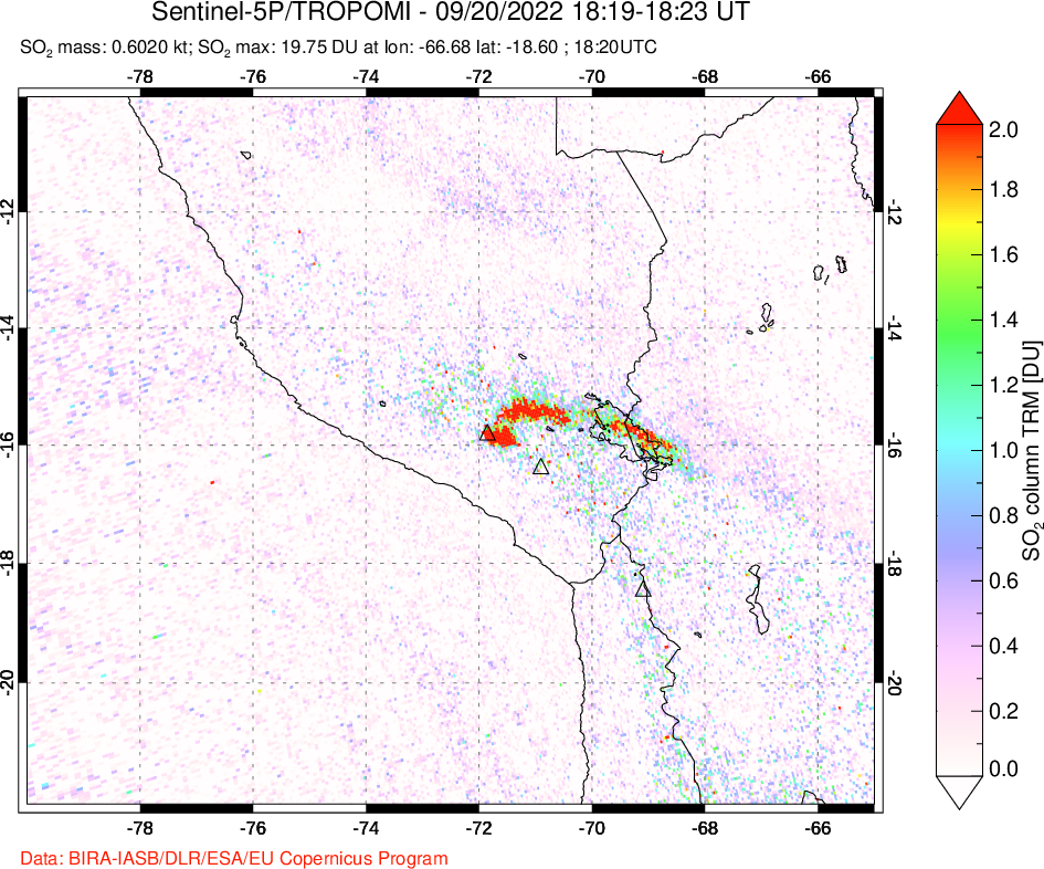 A sulfur dioxide image over Peru on Sep 20, 2022.