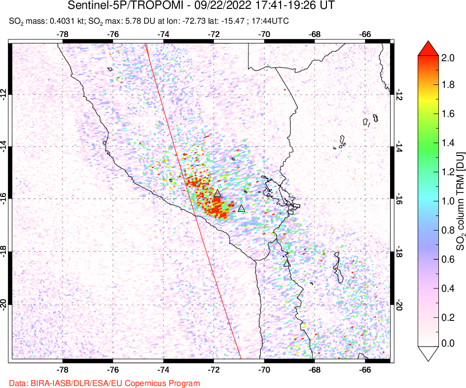 A sulfur dioxide image over Peru on Sep 22, 2022.