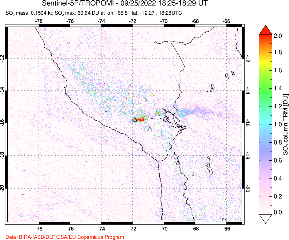 A sulfur dioxide image over Peru on Sep 25, 2022.