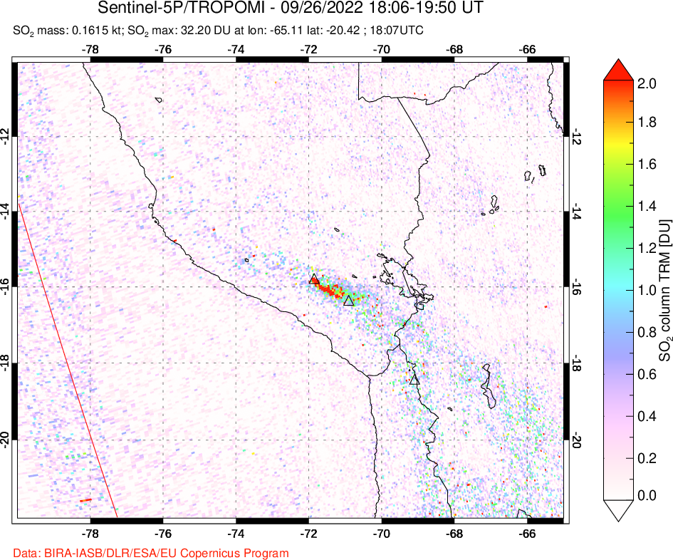 A sulfur dioxide image over Peru on Sep 26, 2022.
