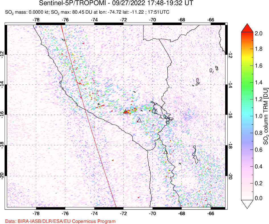 A sulfur dioxide image over Peru on Sep 27, 2022.