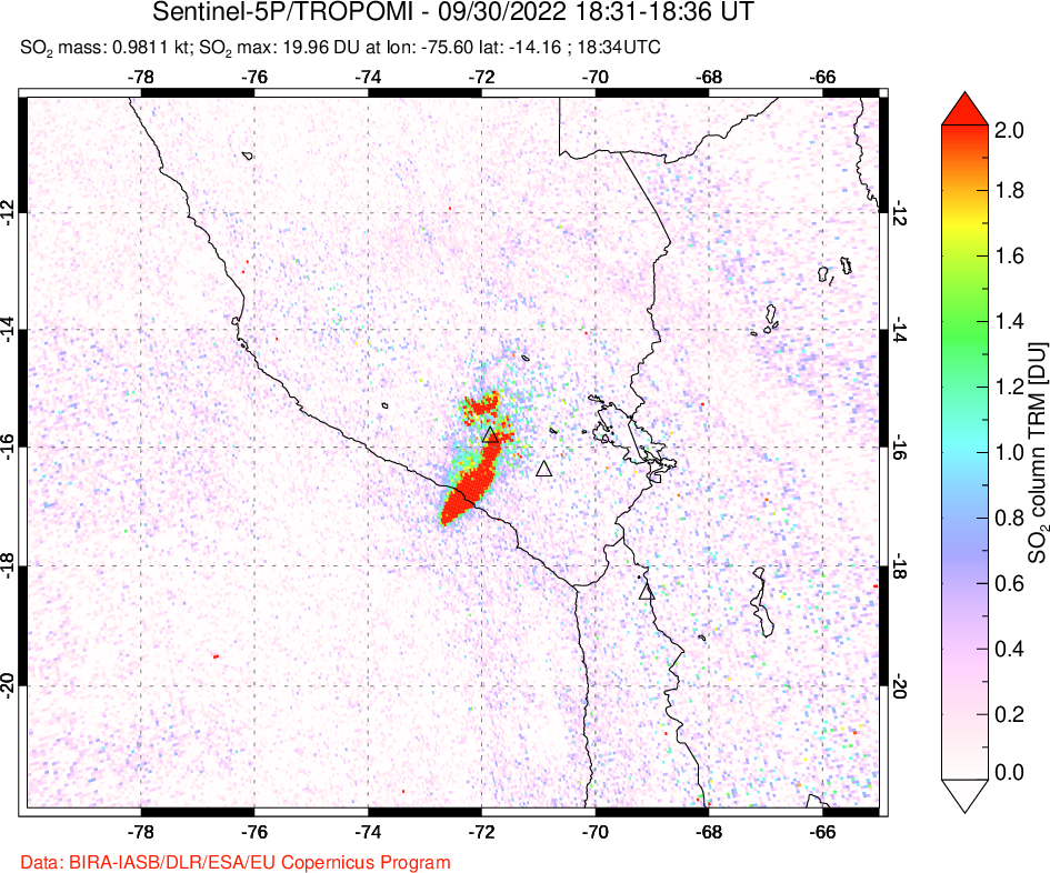 A sulfur dioxide image over Peru on Sep 30, 2022.
