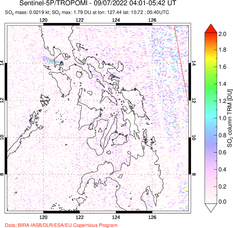 A sulfur dioxide image over Philippines on Sep 07, 2022.