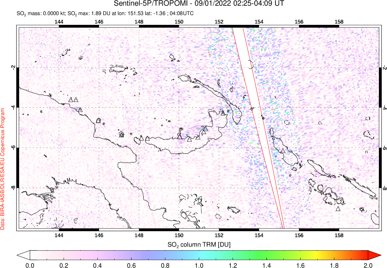 A sulfur dioxide image over Papua, New Guinea on Sep 01, 2022.