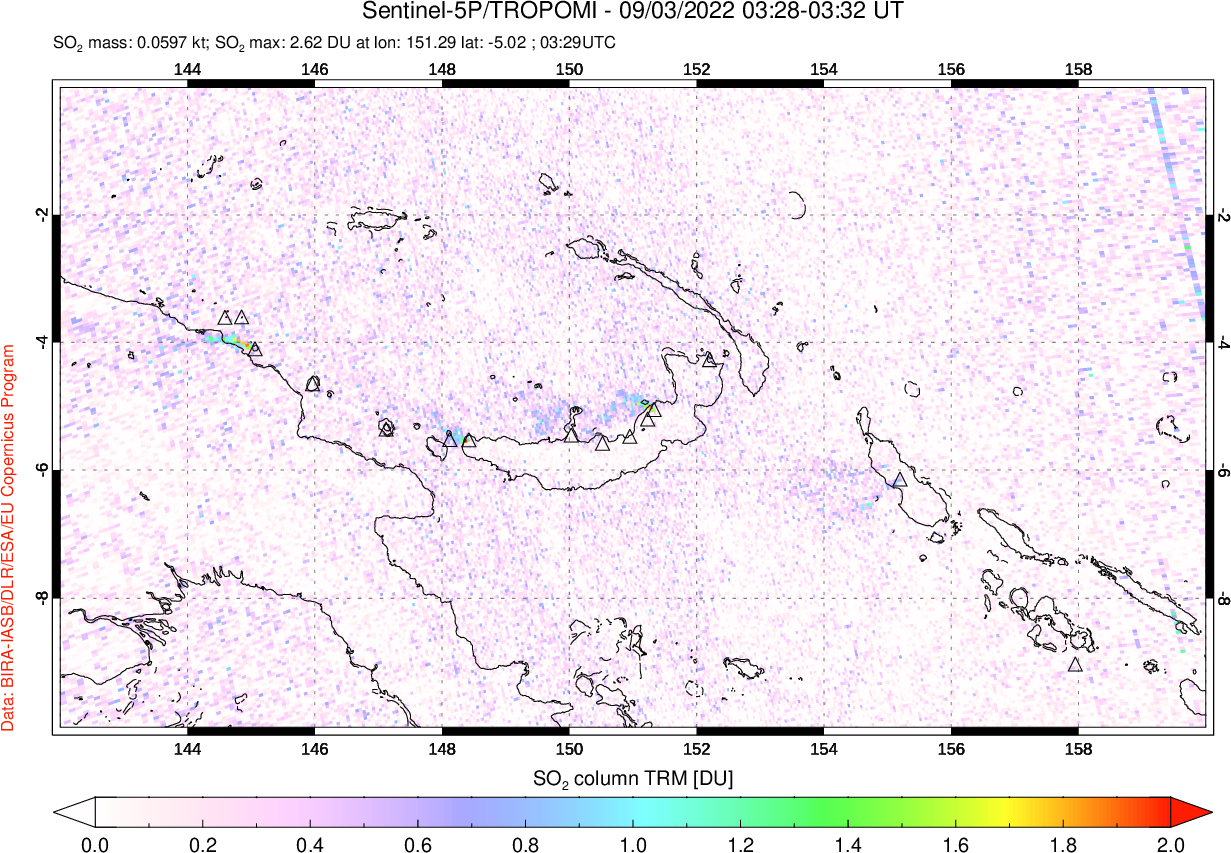 A sulfur dioxide image over Papua, New Guinea on Sep 03, 2022.