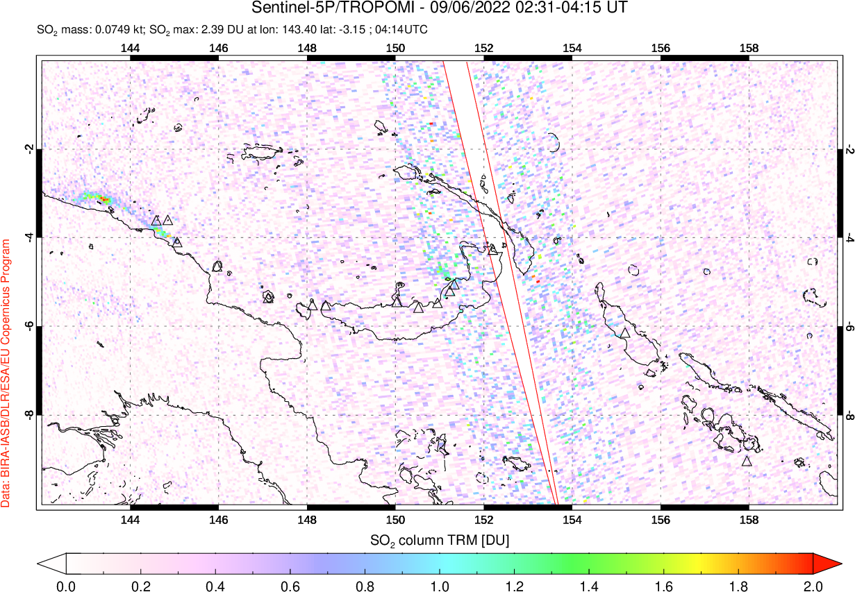 A sulfur dioxide image over Papua, New Guinea on Sep 06, 2022.