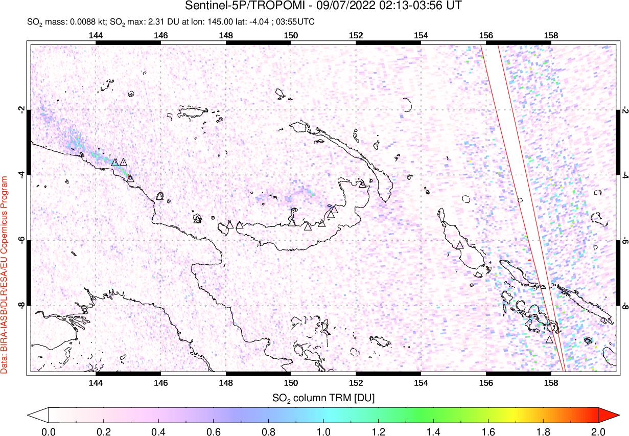 A sulfur dioxide image over Papua, New Guinea on Sep 07, 2022.
