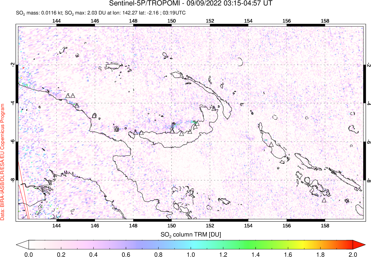A sulfur dioxide image over Papua, New Guinea on Sep 09, 2022.