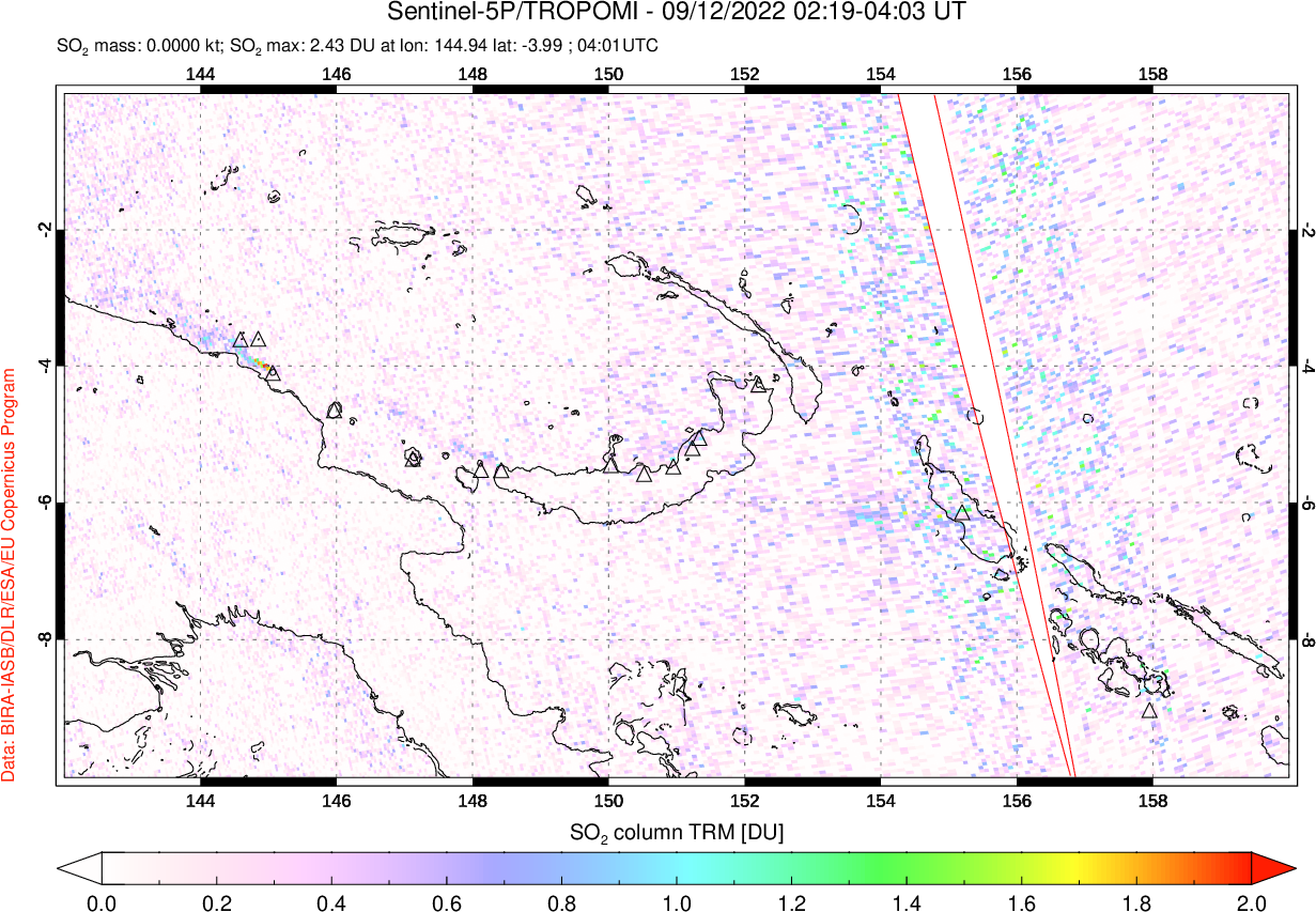 A sulfur dioxide image over Papua, New Guinea on Sep 12, 2022.