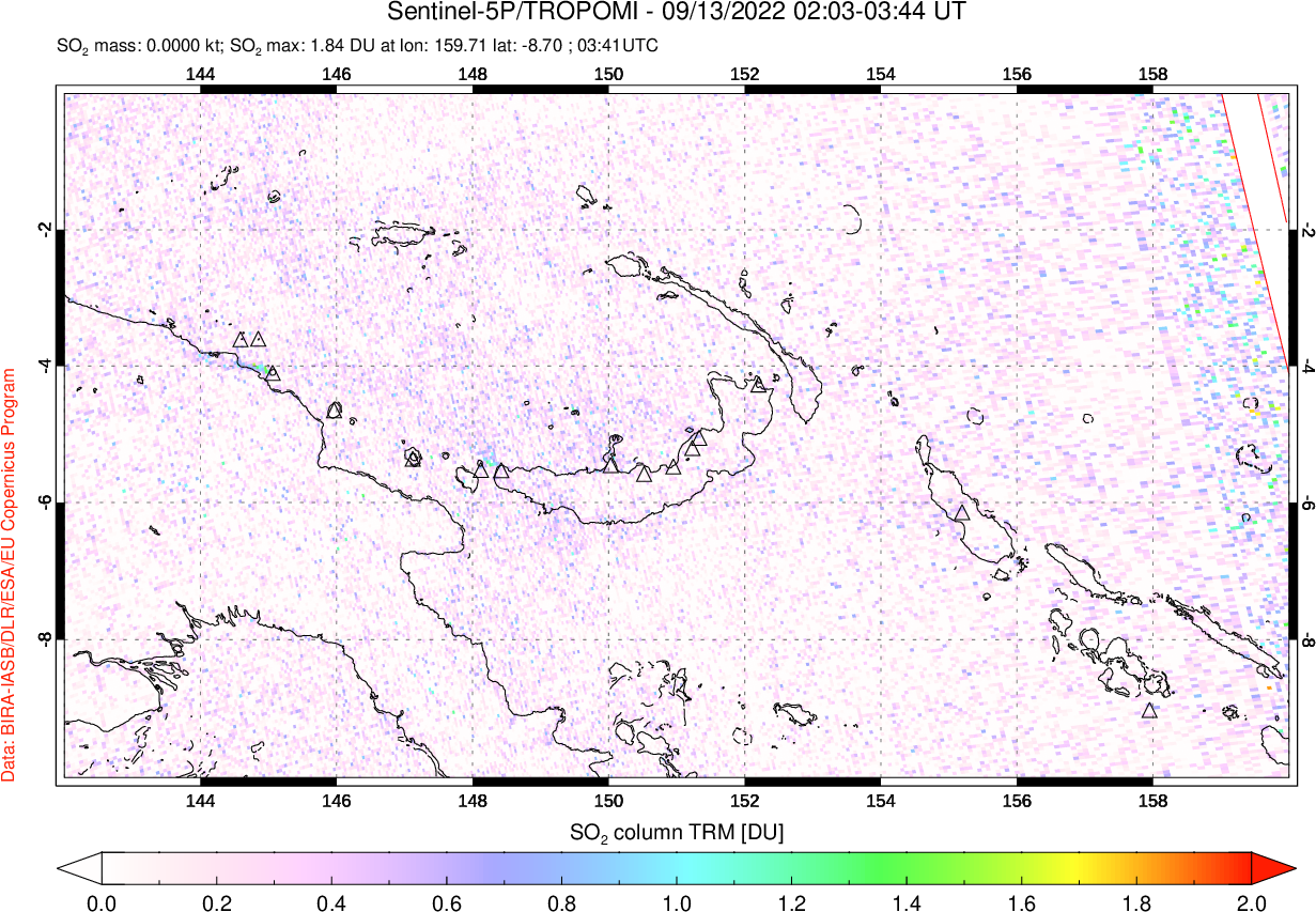 A sulfur dioxide image over Papua, New Guinea on Sep 13, 2022.