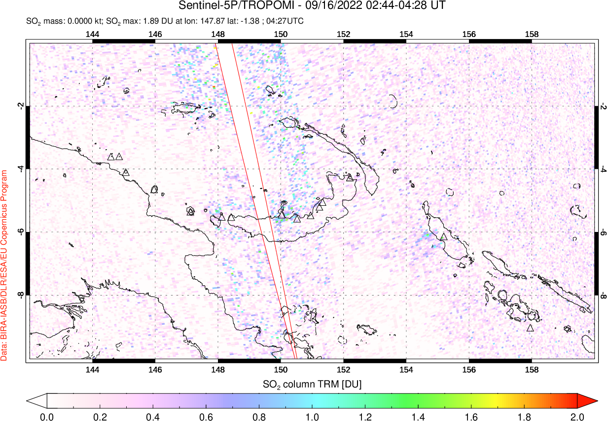 A sulfur dioxide image over Papua, New Guinea on Sep 16, 2022.