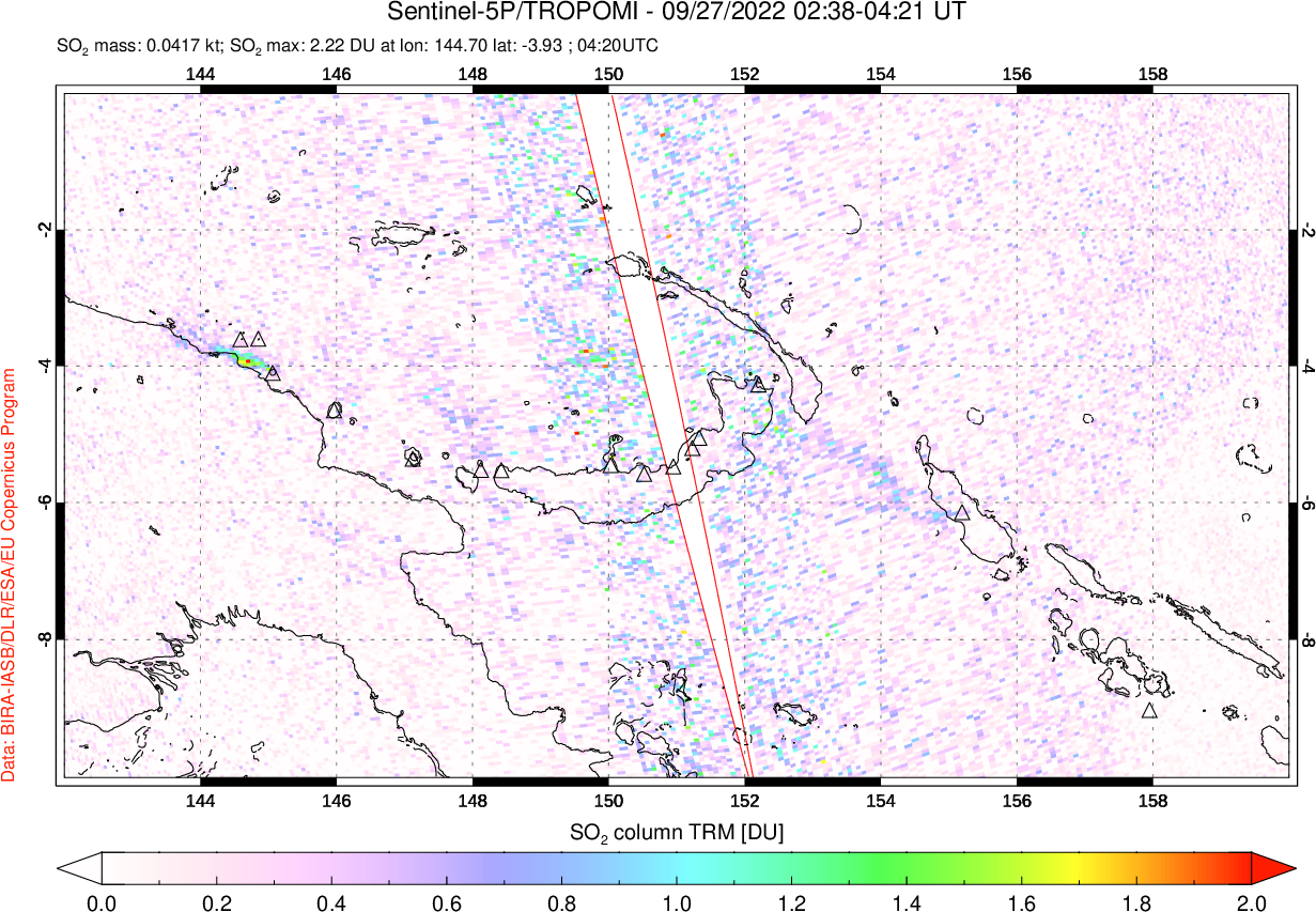 A sulfur dioxide image over Papua, New Guinea on Sep 27, 2022.