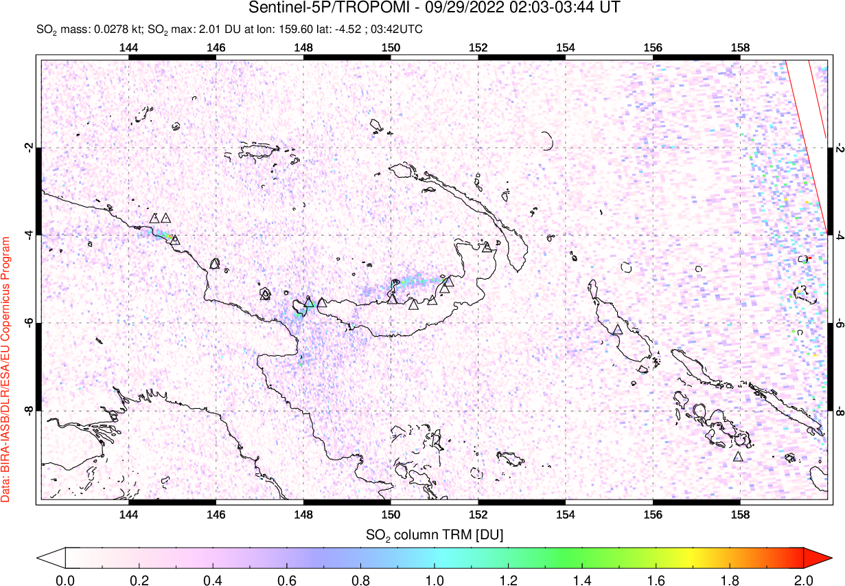 A sulfur dioxide image over Papua, New Guinea on Sep 29, 2022.