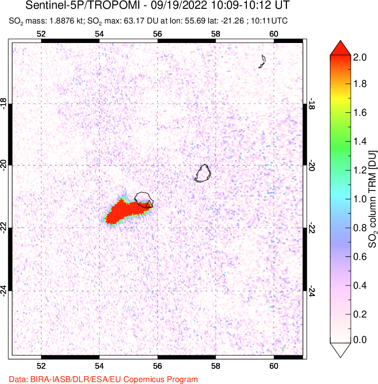 A sulfur dioxide image over Reunion Island, Indian Ocean on Sep 19, 2022.