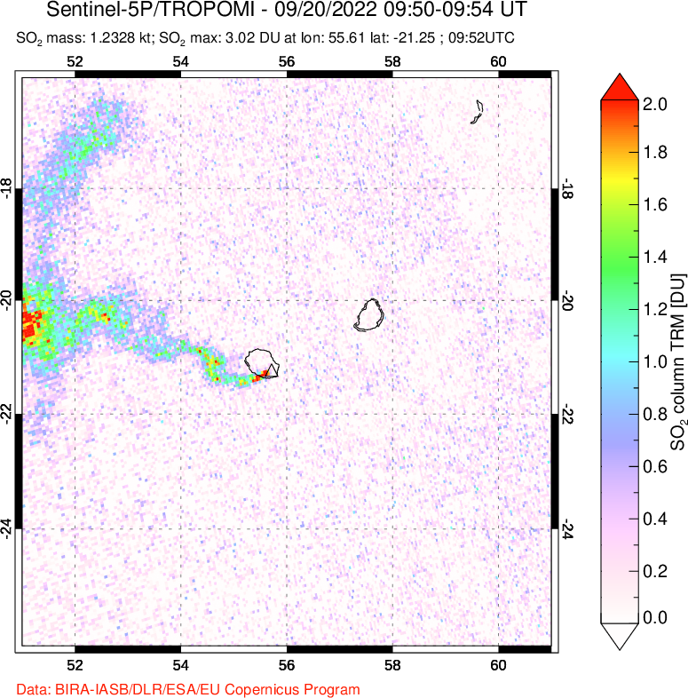A sulfur dioxide image over Reunion Island, Indian Ocean on Sep 20, 2022.