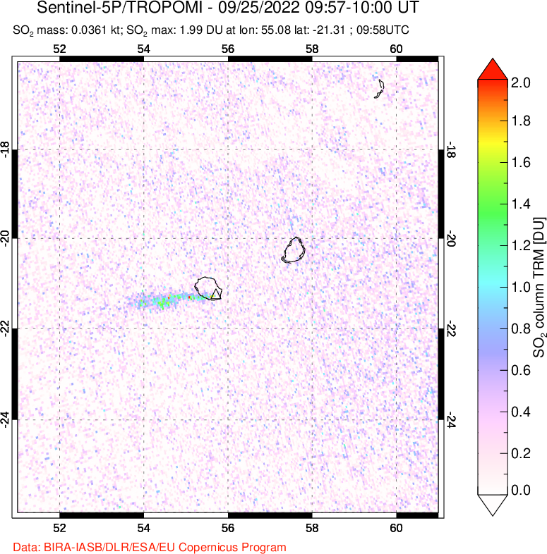 A sulfur dioxide image over Reunion Island, Indian Ocean on Sep 25, 2022.