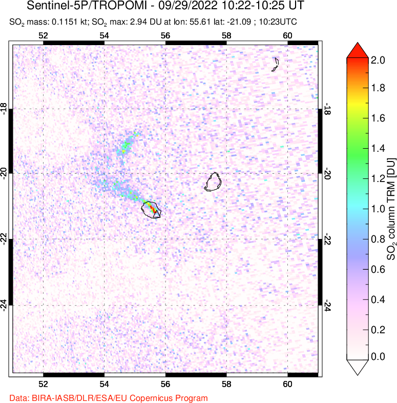 A sulfur dioxide image over Reunion Island, Indian Ocean on Sep 29, 2022.